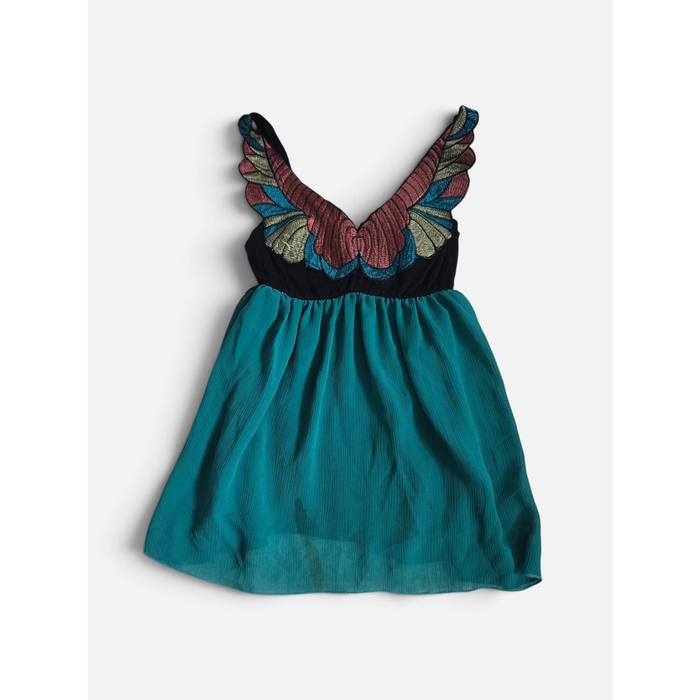 Julie's Closet Y2K Fairycore Black Teal Butterfly Wing Embroidered Babydoll Tank